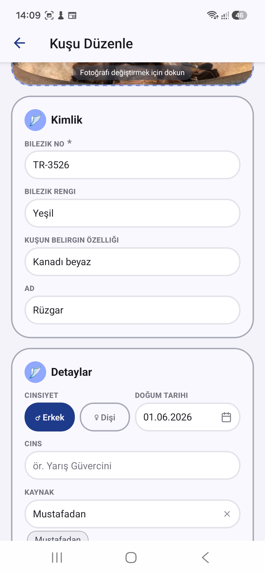 Kuş detay ve düzenleme ekranı